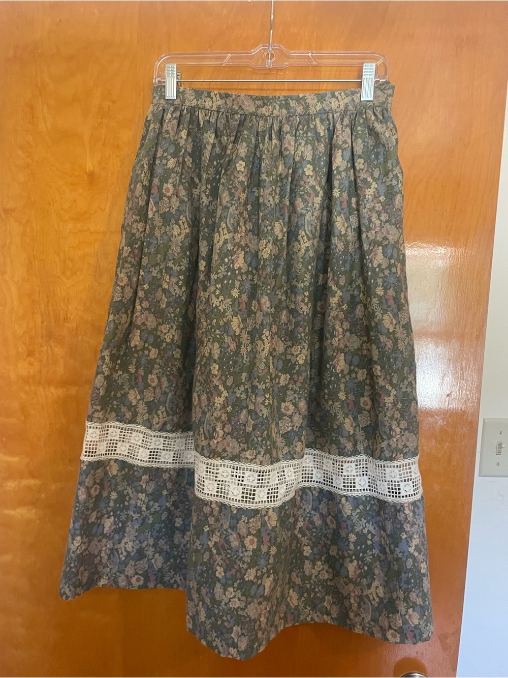 Hand Crafted Floral A-Line Skirt in Green and Pink with Lace Band